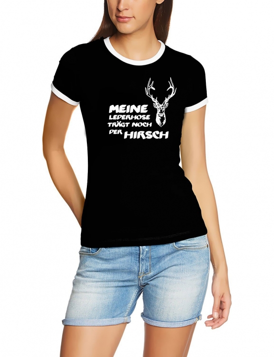 Meine Lederhose trägt noch der Hirsch ! Damen Ringer T-Shirt S -