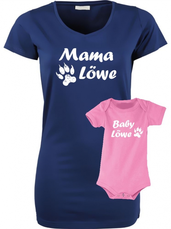 MAMA LÖWE + BABY LÖWE Long T-SHIRT + STRAMPLER - Set zur Geburt Mutter und Baby - ! Junge und Mädchen Strampler   S M L XL 2XL 3XL  Baby Body - Damen T-Shirt Extra Lang Strech