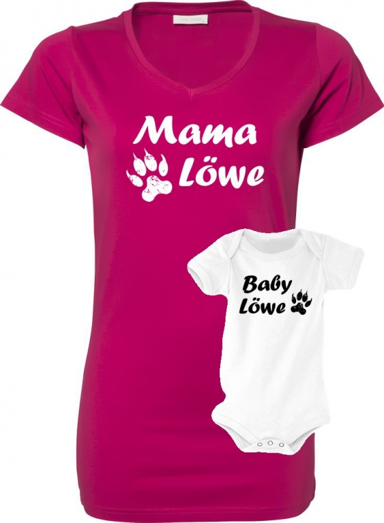 MAMA LÖWE + BABY LÖWE Long T-SHIRT + STRAMPLER - Set zur Geburt Mutter und Baby - ! Junge und Mädchen Strampler   S M L XL 2XL 3XL  Baby Body - Damen T-Shirt Extra Lang Strech