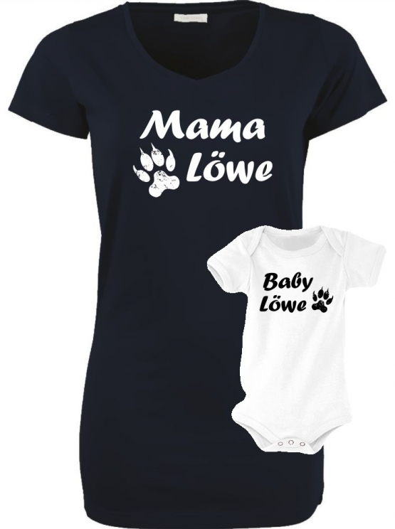 MAMA LÖWE + BABY LÖWE Long T-SHIRT + STRAMPLER - Set zur Geburt Mutter und Baby - ! Junge und Mädchen Strampler   S M L XL 2XL 3XL  Baby Body - Damen T-Shirt Extra Lang Strech