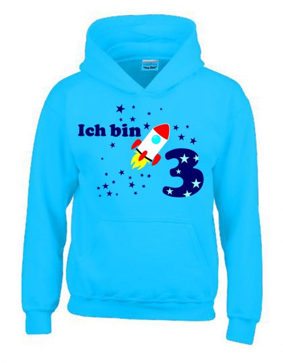 Ich bin 3 Jahre !  - Jahreszahl mit Rakete Sterne Kinder Geburtstag Sweatshirt mit Kapuze HOODIE für Jungen Birthday Gr. 116 cm, 128cm, 140cm Kindergeburtstag feiern, Einladung, Geschenk für Jungs