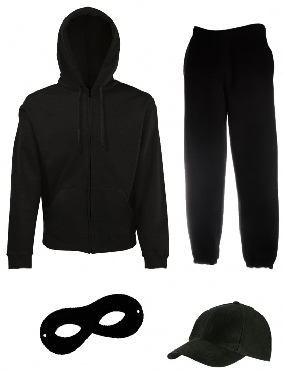 EINBRECHER SET  GANGSTER BANDE KOSTÜM - FASCHING - KARNEVAL - SWEATSHIRTJACKE mit Kapuze, MÜTZE, MASKE, HOSE JOGGINGANZUG + Sturmhaube ! 5 Teile Verkleidung in Gr. S M L XL 2XL 3XL 4XL 5 XL