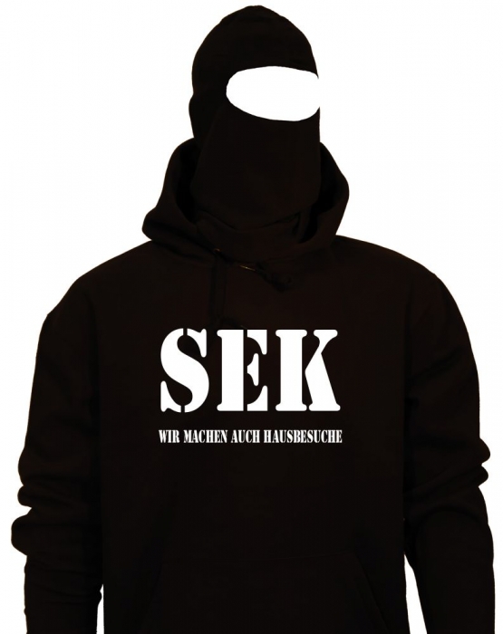 SEK Hausbesuche Kostüm EINSATZKOMMANDO Set Sturmhaube + T-Shirt oder Kapuzensweatshirt schwarz S M L XL XXL 3XL 4XL 5XL und Kinderkostüm 104 116 128 140 152 164cm