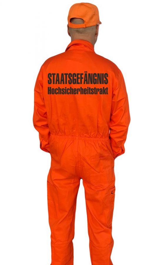 STAATSGEFÄNGNIS HOCHSICHERHEITSTRAKT Knast Set Overal + Cap Orange S M L XL XXL 3XL 4XL 5XL Kostüm Karneval Fasching