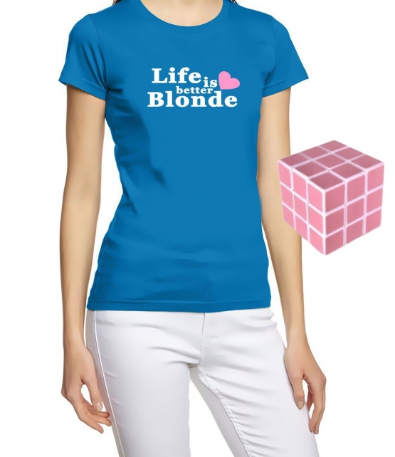 Blondinen Bundle Pink Zauberwürfel + T-Shirt LIFE IS BETTER BLONDE schwarz XS S M L XL XXL Shirt + Pink Cube GeschenkSet