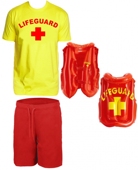 LIFEGUARD Kostüm Rettungsschwimmer Set T-Shirt, Schwimmboje, Badehose,  Rettungsweste Gelb S M L XL XXL 3XL 4XL 5XL