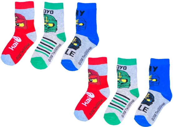 LEGO NINJAGO Socken Set 3 Paar Kindersocken Kinder Strümpfe für Jungen Ninja hellgrau