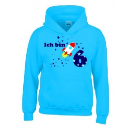 Ich bin 6 Jahre !  - Jahreszahl mit Rakete Sterne Kinder Geburtstag Sweatshirt mit Kapuze HOODIE für Jungen Birthday Gr. 116 cm, 128cm, 140cm Kindergeburtstag feiern, Einladung, Geschenk für Jungs