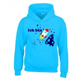 Ich bin 4 Jahre !  - Jahreszahl mit Rakete Sterne Kinder Geburtstag Sweatshirt mit Kapuze HOODIE für Jungen Birthday Gr. 116 cm, 128cm, 140cm Kindergeburtstag feiern, Einladung, Geschenk für Jungs