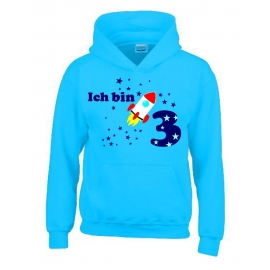 Ich bin 3 Jahre !  - Jahreszahl mit Rakete Sterne Kinder Geburtstag Sweatshirt mit Kapuze HOODIE für Jungen Birthday Gr. 116 cm, 128cm, 140cm Kindergeburtstag feiern, Einladung, Geschenk für Jungs