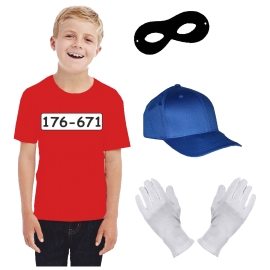 Kinder Set GANGSTER BANDE KOSTÜM - FASCHING - KARNEVAL - T-SHIRT, MÜTZE, MASKE + HANDSCHUHE - Gr: 116 128 140 152 164