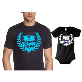 PAPA T-SHIRT + Strampler in Geschenkbox - Set zur Geburt Vater und Baby - Super Papa + Super Baby ! Junge und Mädchen Strampler + Männer T-Shirt  S M L XL 2XL 3XL  Baby Body