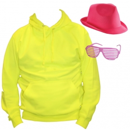 80s Neonkostüm Kostüm 3 Teile 80 ziger Jahre Set Hoodie, Cap, Brille Neongelb S M L XL XXL und Kinderkostüm 3/4 5/6 7/8 9/11 12/13 Jahre