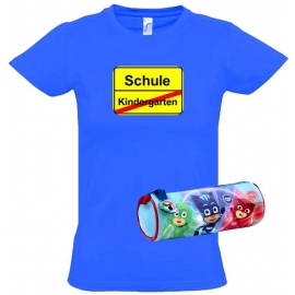 Einschulungsset PJMASK Schlampertasche + T-Shirt zur Einschulung Kindergarten-Schule Ortsschild Gr. 92 98 104 116 128 140cm