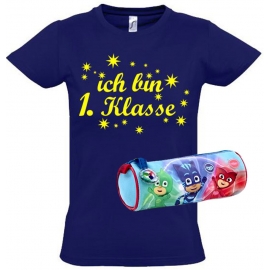 Einschulungsset PJMASK Schlampertasche + T-Shirt zur Einschulung Kindergarten-Schule Ich bin 1.Klasse Gr. 92 98 104 116 128 140cm