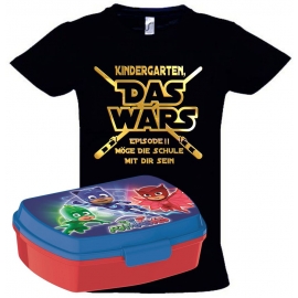 Einschulungsset PJMASK BROTDOSE + T-Shirt zur Einschung Kindergarten Das Wars Gr. 92 - 140cm